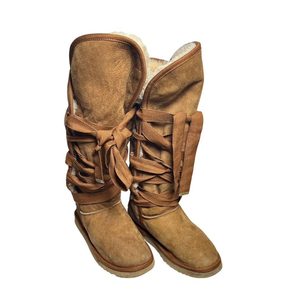 KOS Women's Tall Shearling Lined Wrap Boots Suede Lace Up Winter Boots Sz 5